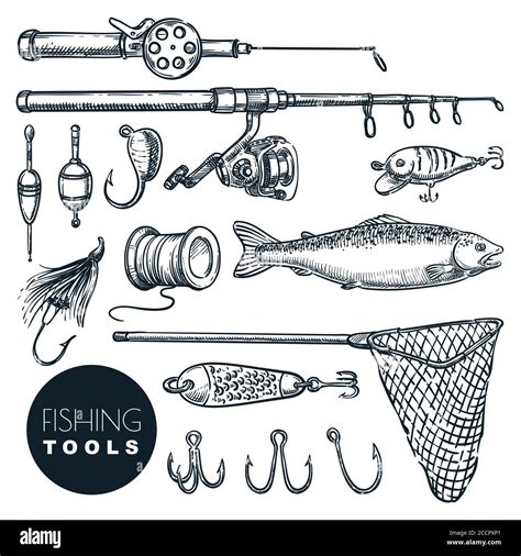 Fishing Equipment Isolated On White Background Vector Hand Drawn