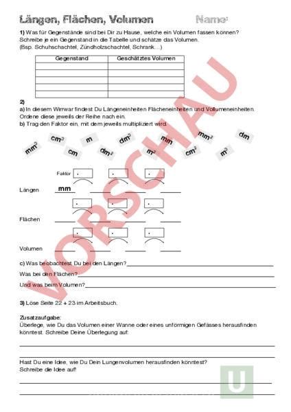 Arbeitsblatt Längen Flächen Volumen Geometrie Flächen