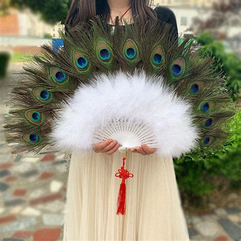 26*14inch Large Peacock Feather Hand Fans White Marabou Feather Fans Feather Fan Bridal Wedding ...