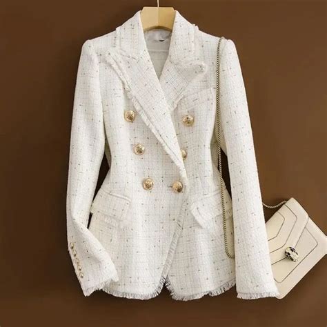 Brownm Design Double Breasted Tweed Blazers Women Elegant Stylish