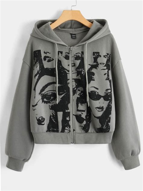 Shein Coolane Figure Graphic Drop Shoulder Zip Up Drawstring Hoodie