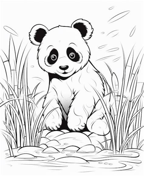 Um Desenho Preto E Branco De Um Urso Panda Sentado Em Uma Rocha