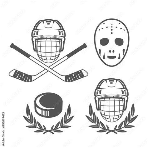 Ice Hockey Insignias Hockey Helmet And Retro Goalkeeper Mask Hockey Puck Logos Vector Stock