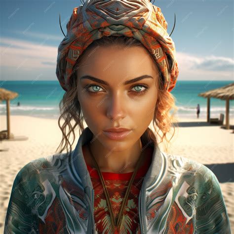 Premium Ai Image Exotic Beautiful Model Caucasian Woman Wearing Trendy Clothing At A Beach