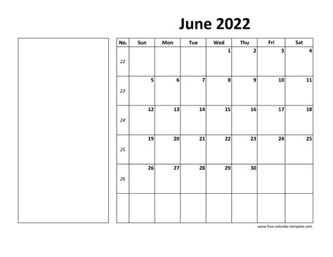 Printable June Calendar Box And Lines For Notes Free Calendar