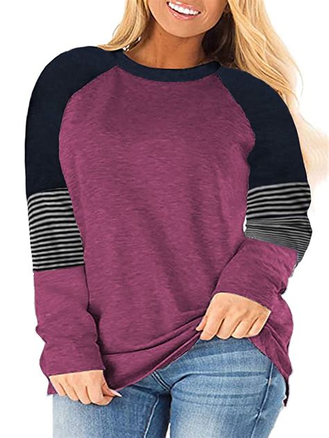 Chama Womens Plus Size Raglan Long Sleeve T Shirts Flowy Blouse Casual Striped Tunic Tops