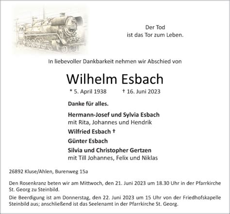 Traueranzeigen Von Wilhelm Esbach Noz Trauerportal