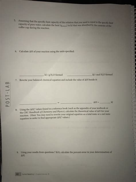 Solved Section Name EXPERIMENT 8 CALORIMETRY Pre Lab Chegg