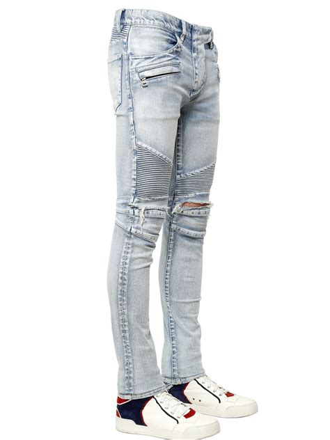 Lyst Balmain 17Cm Destroyed Stretch Denim Biker Jeans In Blue For Men