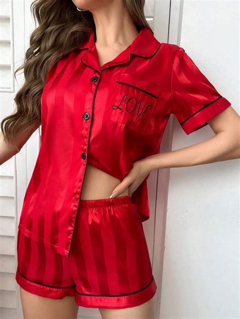 Pocket Embroidered Jacquard Satin Button Up Collar Shirt And Shorts Pajama Set Shein Usa