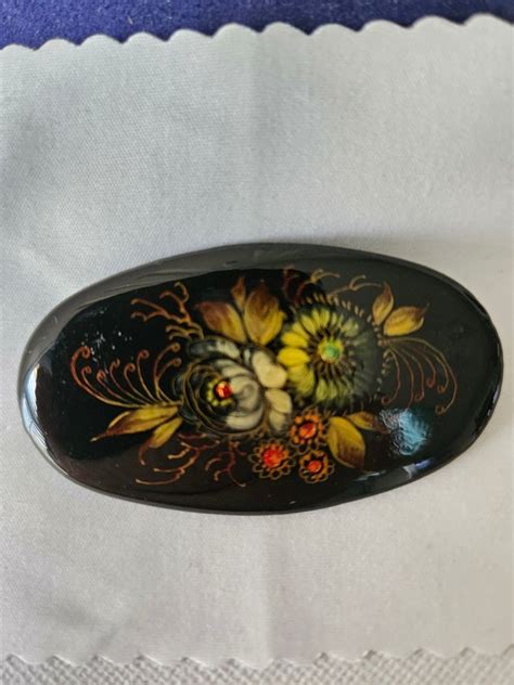 Ussr Hand Painted Black Lacquer Floral Brooch Gem