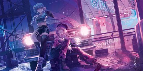 2girls Blue Hair Building Car Choker City Hat Hololive Hoshimachi