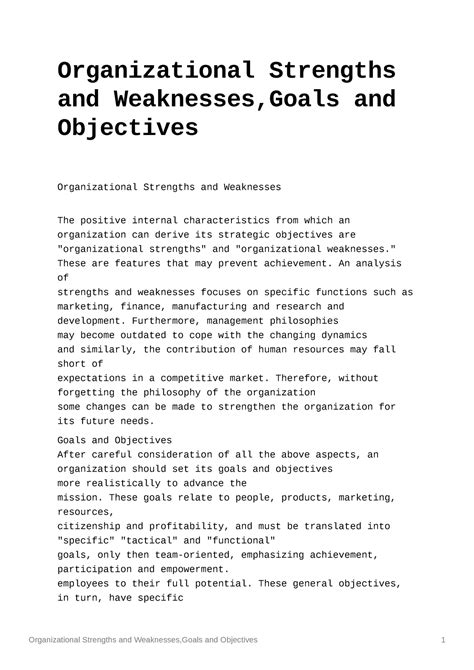 Organizational Strengths And Weaknesses Goals And Objectives