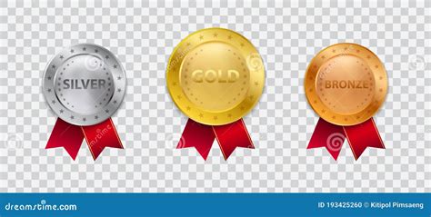 Realistic 3d Champion Gold Medal With Red Ribbon Vector Illustration