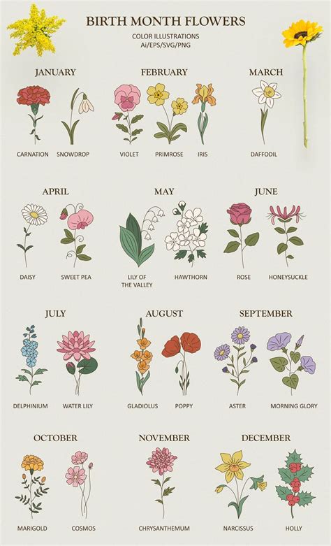 Birth Month Flower Set Birthmonth Bouquet Png Birthmonth Flower Svg