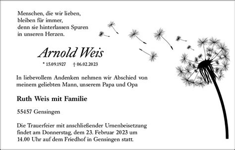 Traueranzeigen Von Arnold Weis Vrm Trauer De