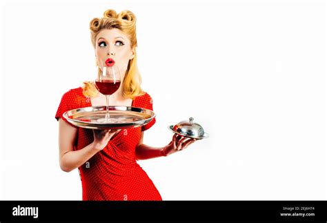 Wine Pin Up Girl Waiter With Alcohol And Service Tray Restaurant