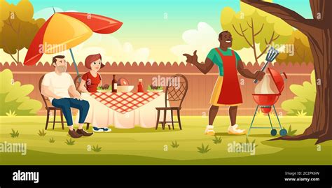 BBQ party. People at table on backyard and black man cooks meat on grill. Vector cartoon ...