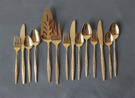 Gold Flatware Service For 3 With Serving Utensils 14 Pieces Etsy