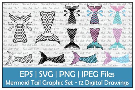 Mermaid Tail Outline Silhouette And Color Clipart Set