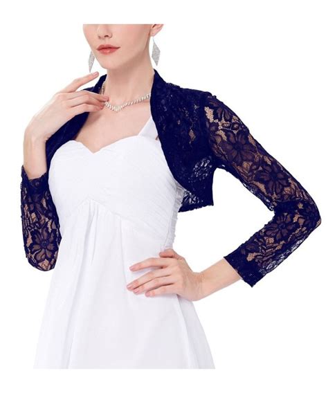 Womens Long Sleeve Bolero Shrugs Crochet Lace Open Cardigan Navy