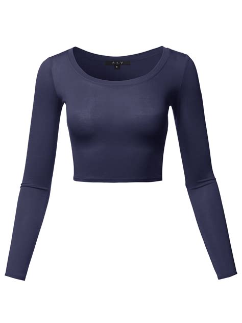 A2y Womens Basic Solid Stretchable Scoop Neck Long Sleeve Crop Top