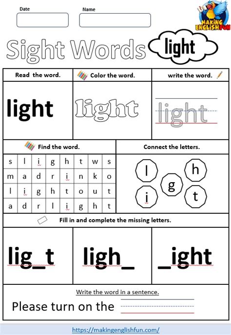 Free Printable Grade 3 Dolch Sight Word Worksheet “light”making English Fun