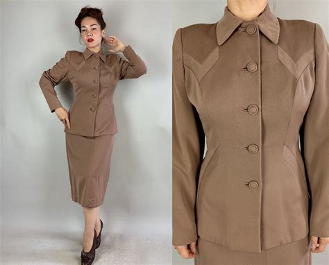 S Distinguished Darci Suit Vintage S Taupe Brown Wool Gabardine