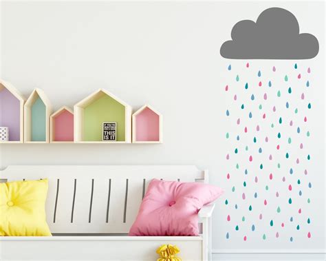 Rain Cloud Wall Decal Cloud and Rainbow Raindrops Wall - Etsy