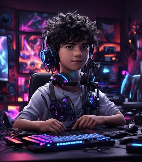 Premium Ai Image Boy Gamer With His Full Streaming Setup Use Neon