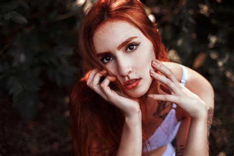 Wallpaper Women Face Portrait Redhead Tattoo White Lingerie Red Lipstick Depth Of Field