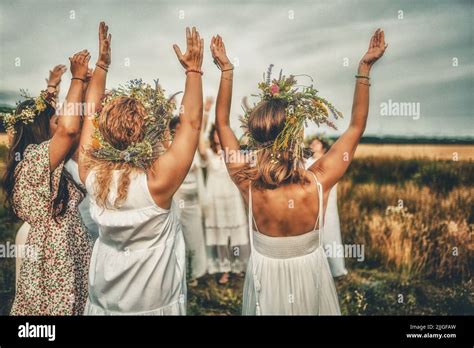 Women In Flower Wreath On Sunny Meadow Floral Crown Symbol Of Summer