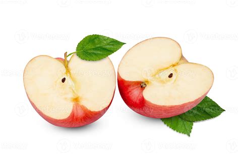 Red Apple Cut In Half With Green Leaf Isolated On White Background