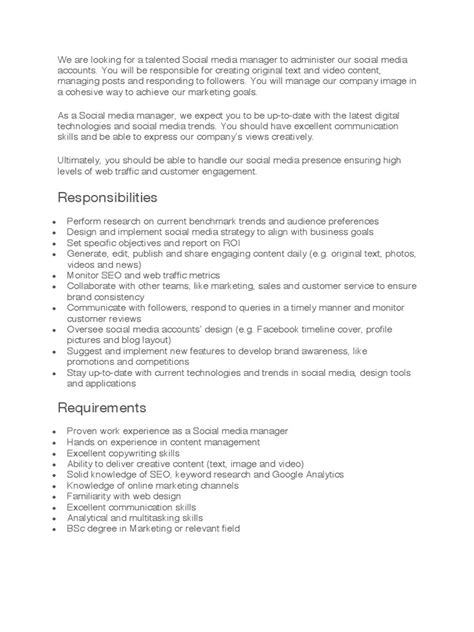 Social Media Manager Job Description Sample Pdf