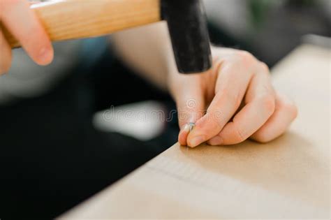 Cerrar El Martillo De Un Clavo En Una Tabla De Madera Foto De Archivo