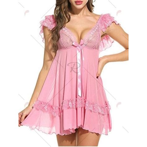 Plunging Neck See Through Swing Babydoll Pink Xllingerie