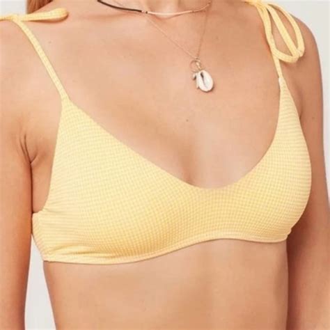 Lspace Swim New Lspace Daisy Swim Top Sz M Gingham Plaid Sunshine Yellow Tie Straps Bikini