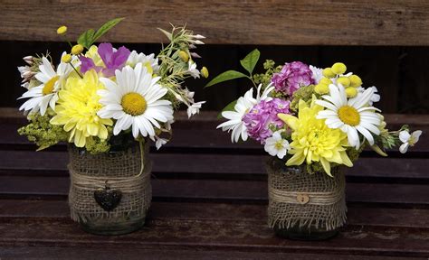 Jam Jar Flowers Hessian Covered Jam Jars With Summer Flowers And Heart