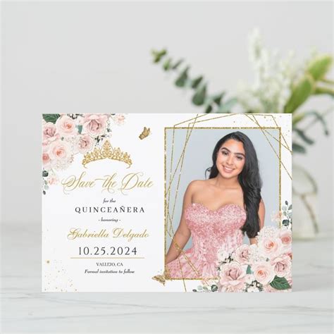 Pink Gold Photo Card Quincea Era Save The Date Zazzle In