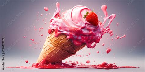 Soft Strawberry Ice Cream Cone With Swirl Splash Promo Poster With