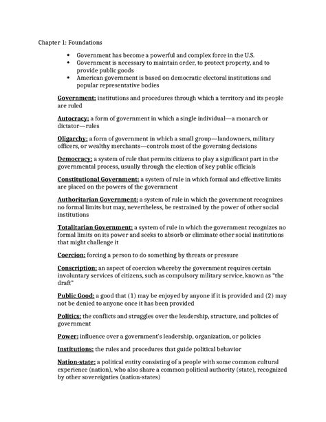 United States Government And Politics Review Sheet 1 Psci 1014 Docsity