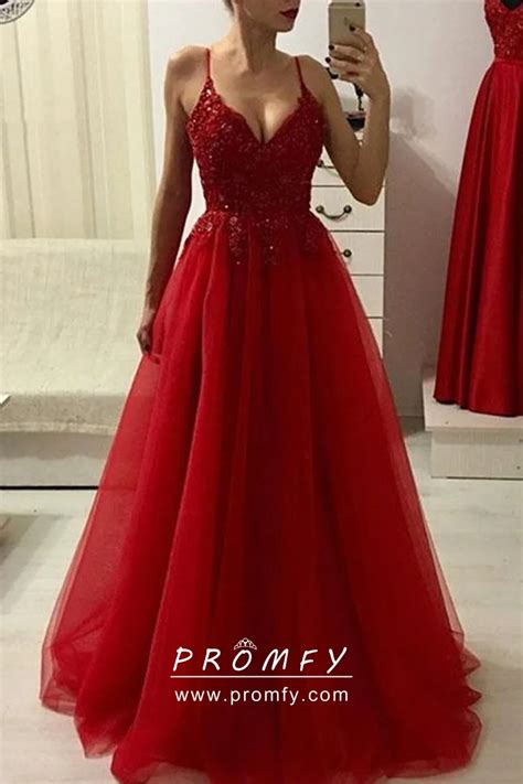 Beaded Red Lace Tulle V Neck Fashion Prom Dress Promfy