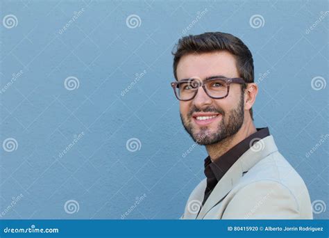 Young Handsome Man With Great Smile Wearing Fashion Eyeglasses Against