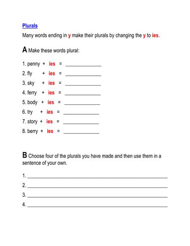 Plurals Ies Handout Teaching Resources