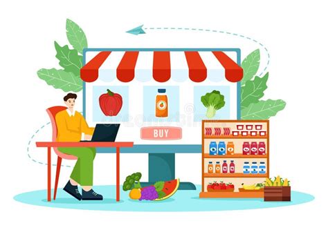Online Grocery Store Vector Illustration With Food Product Shelves