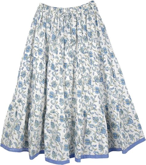 Hydrangea Blue Cotton Summer Knee Length Skirt Short Skirts White