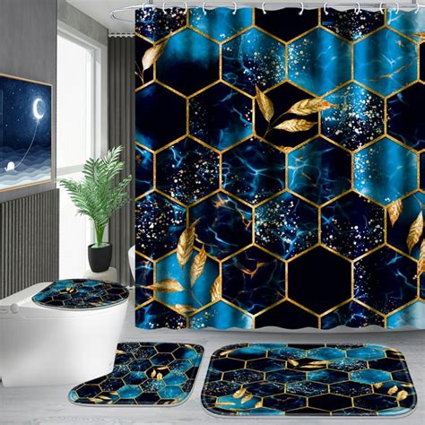 Poedist 4pcs Marble Bathroom Set Shower Curtain Non Slip Rugs Toilet