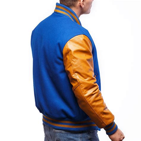 Varsity Base Men Jacket Bright Royal Wool Body Old Gold Leather Sleeves Letterman Jacket