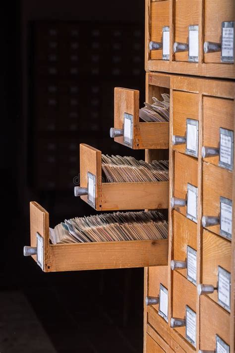 Old Library Reference Catalogue With Opened Card Drawer Stock Photo