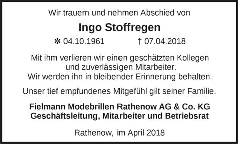 Traueranzeigen Von Ingo Stoffregen M Rkische Onlinezeitung Trauerportal